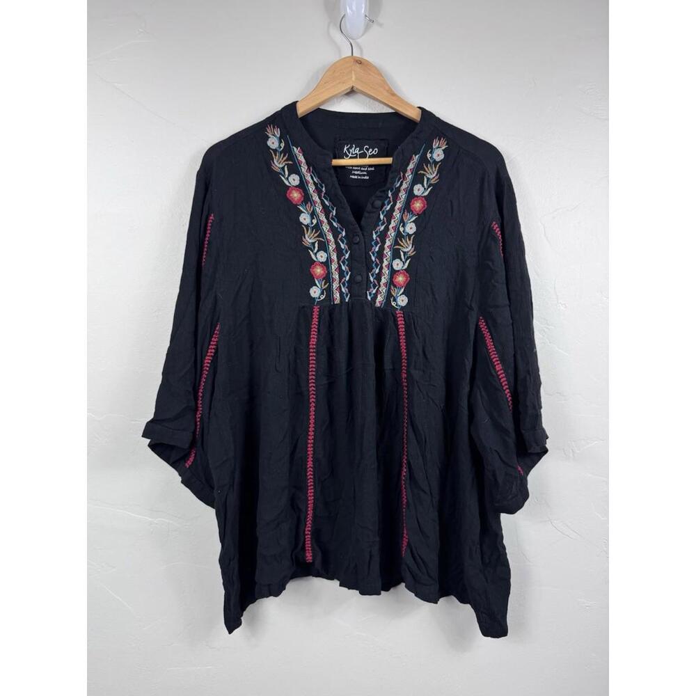 Kyla Seo Handmade Women's Embroidered Peasant Oversized Med Blouse Boho Nature